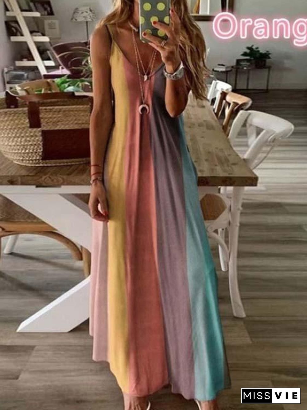 Women's Sleeveless V-neck Gradient Printed Maxi Slip Dress