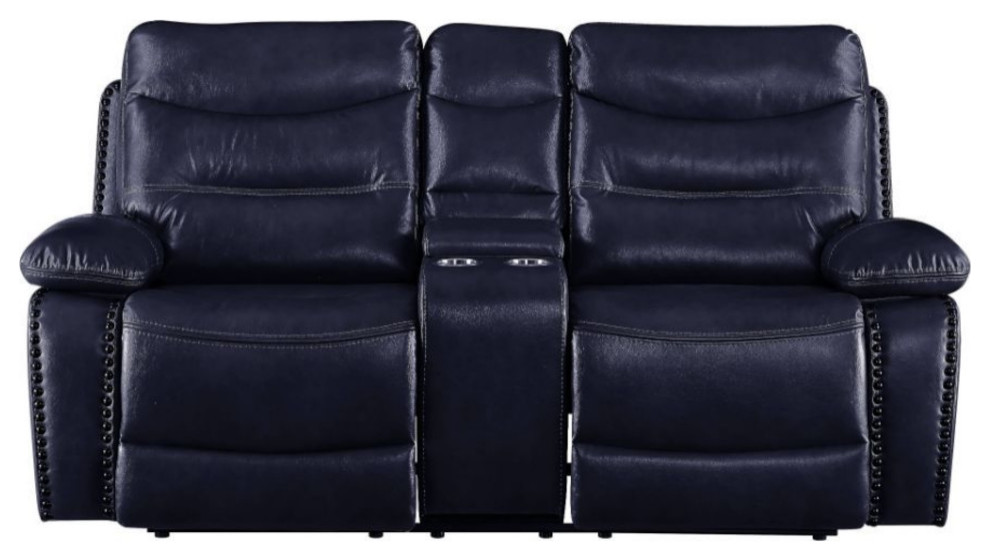 Ergode Loveseat With Console  Motion Navy Leather Gel Match   Contemporary   Loveseats   by VirVentures  Houzz