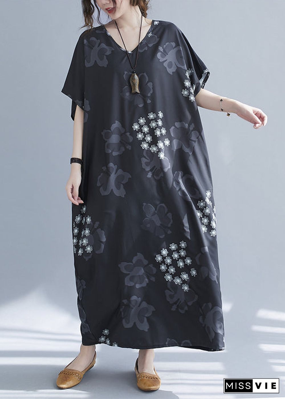 Baggy Black V Neck Snowflake Print Chiffon Long Dresses Short Sleeve