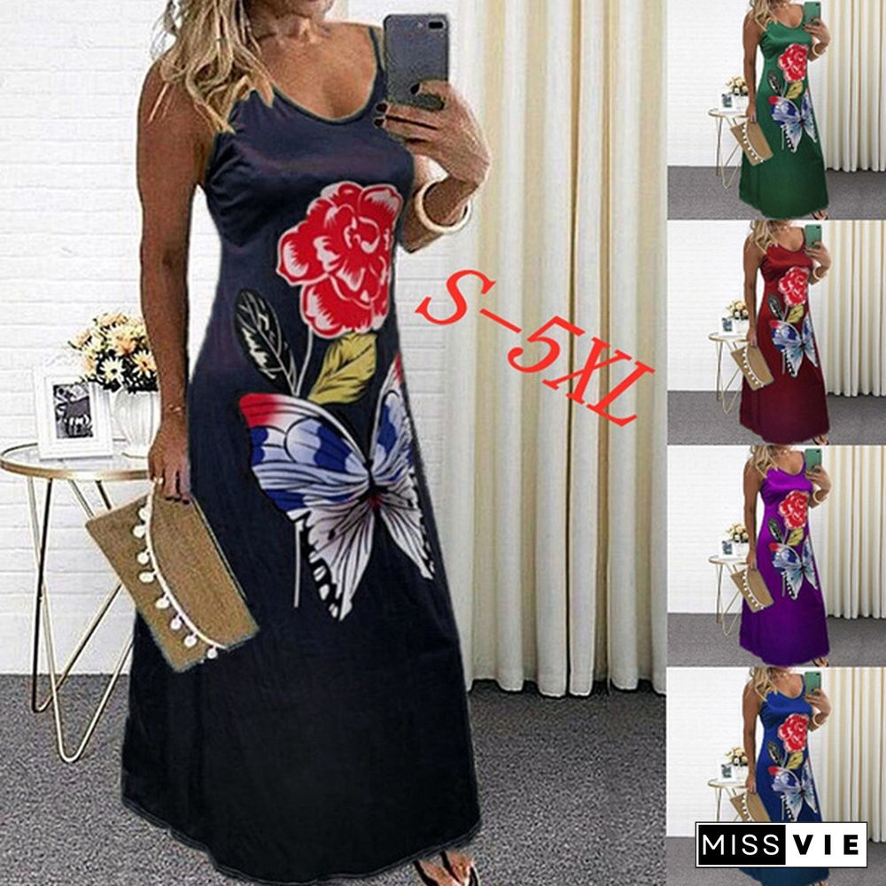 New Plus Size Fashion Women's V-neck Sleeveless butterfly Printing Dress Summer Beach Party Loose Casual Long Skirt Dress S-5XL