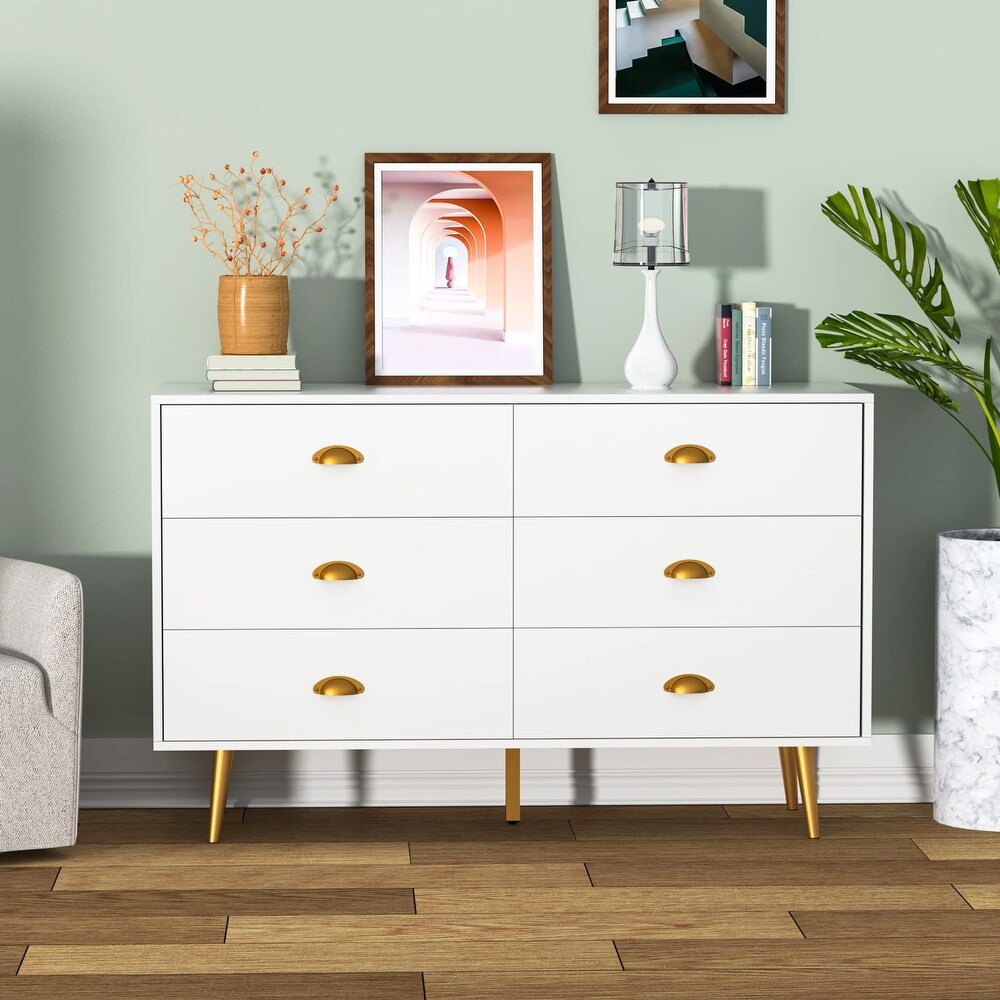 Modern Dresser for Bedroom  6 Drawer Dresser with Wide Drawers and Metal Handles  Wooden Double Dressers   Chest of Drawers