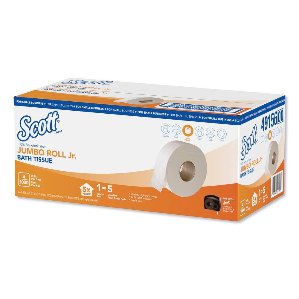 Scott Essential 100% Recycled Fiber JRT Toilet Paper Septic Safe 2-Ply White 1000 ft 4 RollsCarton KCC49156