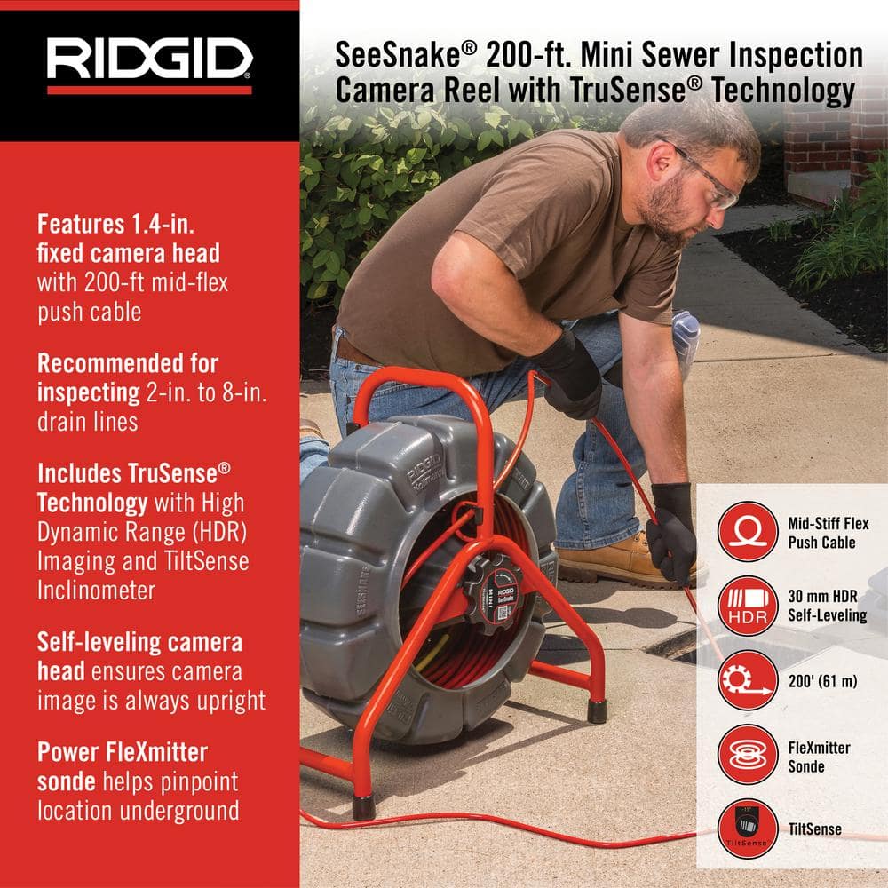 RIDGID SeeSnake Mini Sewer/Drain/Pipe Inspection Camera Reel (200 ft. Cable for 1-1/2 in.- 8 in. Lines), TruSense Technology 63628