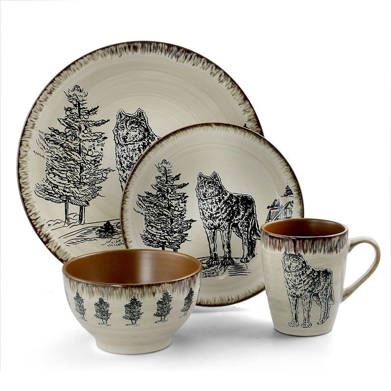 Elama Majestic Wolf 16 Piece Luxurious Stoneware Dinnerware with Complete Setting for 4