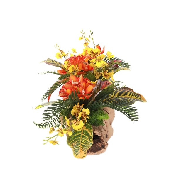 Tropical Flower Arrangement in Grapevine Log