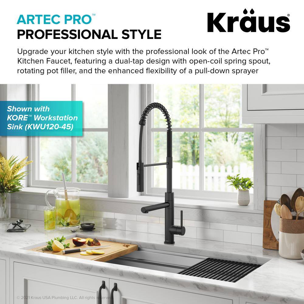 KRAUS Artec Pro CommercialStylePull-Down Single Handle Kitchen Faucet with Pot Filler inMatte Black KPF-1604MB