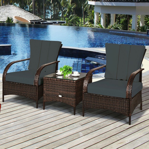 Costway 3 Pcs Patio Rattan Furniture Set Coffee Table amp 2 Rattan Chair W gray Cushions