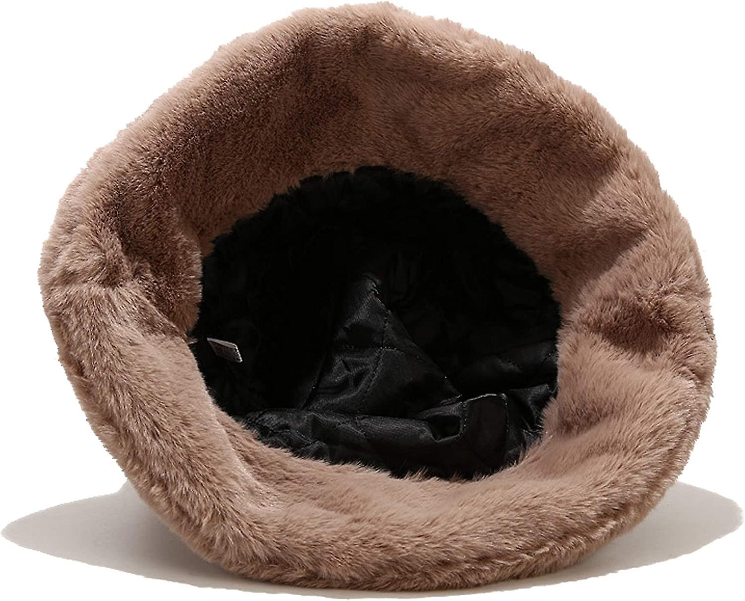 Winter Faux Fur Bucket Hat Fluffy Warm Hat For Women Men A Black -