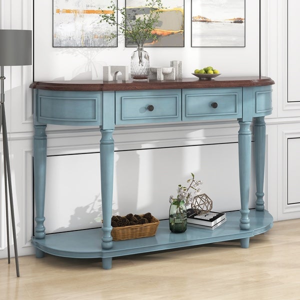 Console Table with Open Style Shelf Solid Wooden Frame and Legs Two Top Drawers