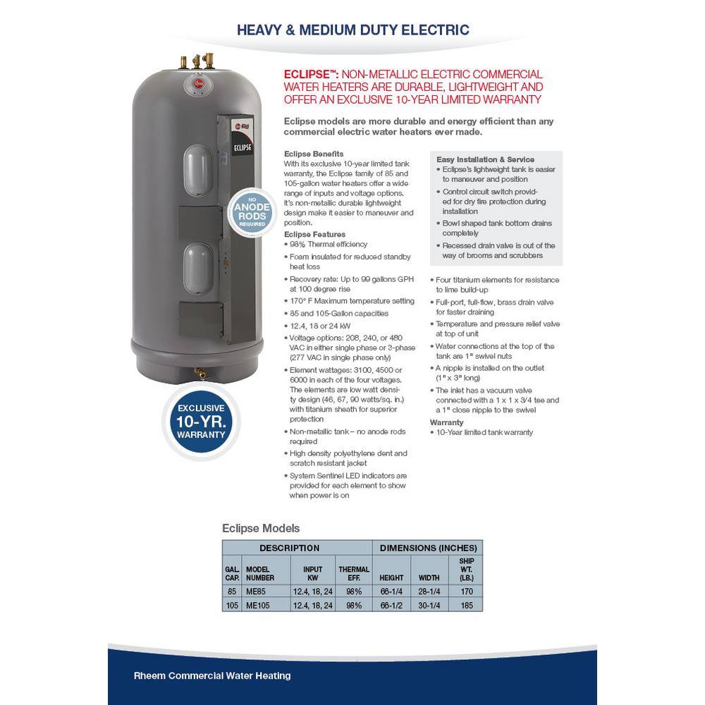 Rheem Marathon Eclipse Medium Duty 105 gal. Commercial Non Metallic Electric Tank Water Heater 240-Volt 18 kW ME105-18-G 240 V