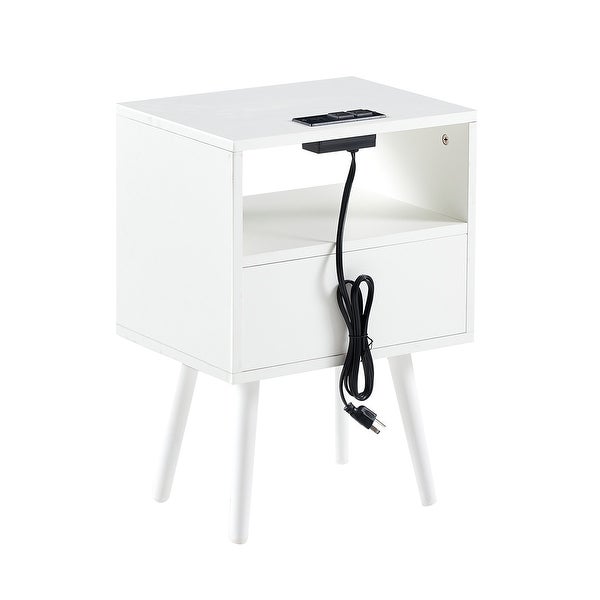 Nightstand Rattan End Table With Outlet USB Ports And drawer - - 37454457