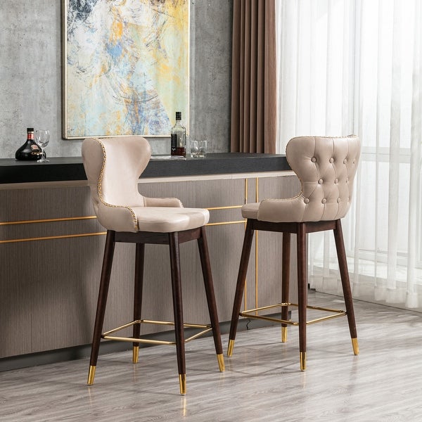 Modern Leathaire Fabric Bar Chairs with Tufted Gold Nailhead Trim Bar Stools and Footrest Set of 2 for Restaurant， Bistro