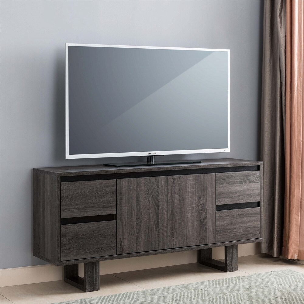 Wooden Entertainment Centers Modern TV Stand TV Cabinet for TV Up to 60 inch with 4 Drawers and 2 Door Cabinet