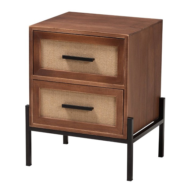 Paxley Wood And Fabric 2 Drawer End Table Walnut Brown beige black Baxton Studio