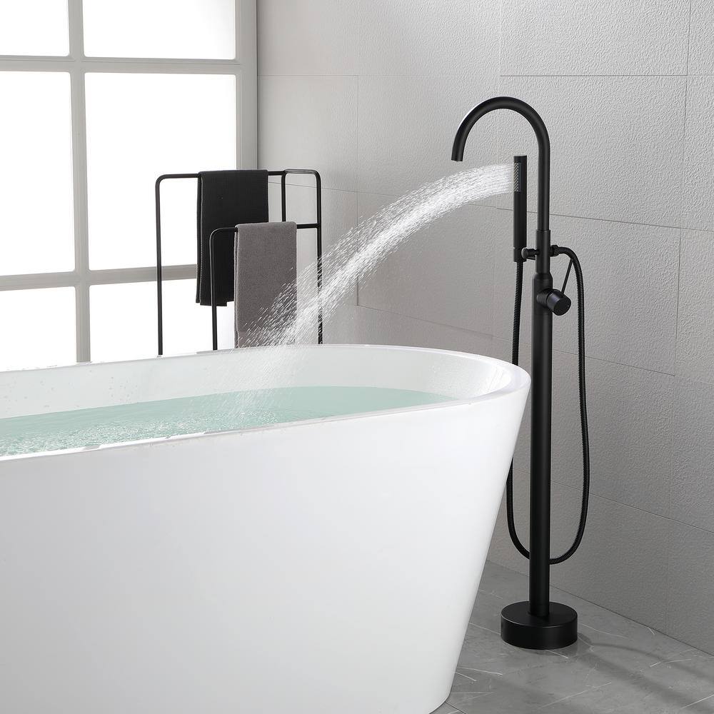 FORCLOVER Freestanding Single-Handle Floor Mounted Roman Tub Faucet Bathtub Filler with Hand Shower in Matte Black GeYSWNK25