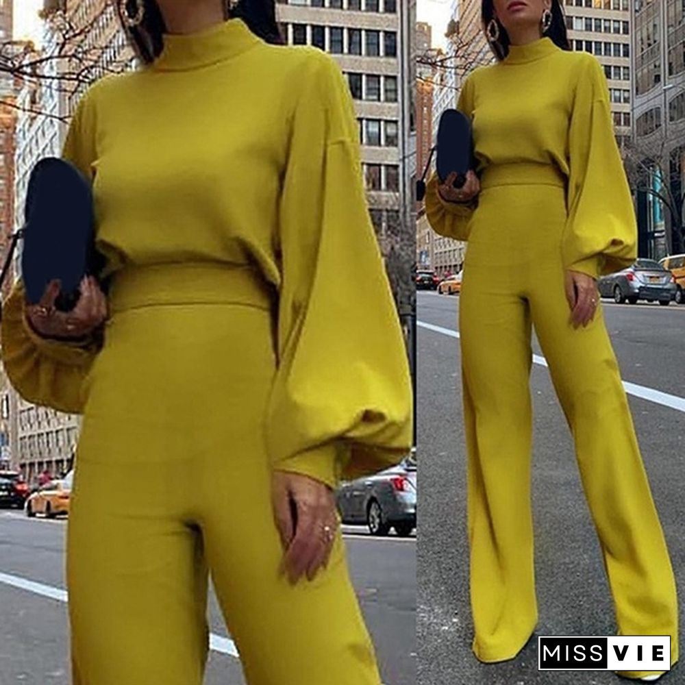 Women Fashion Puff Long Sleeve High Waist Solid Color Jumpsuits