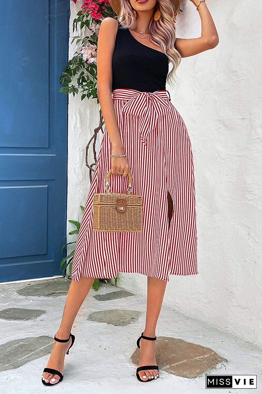 One Shoulder Striped Split Midi Dress