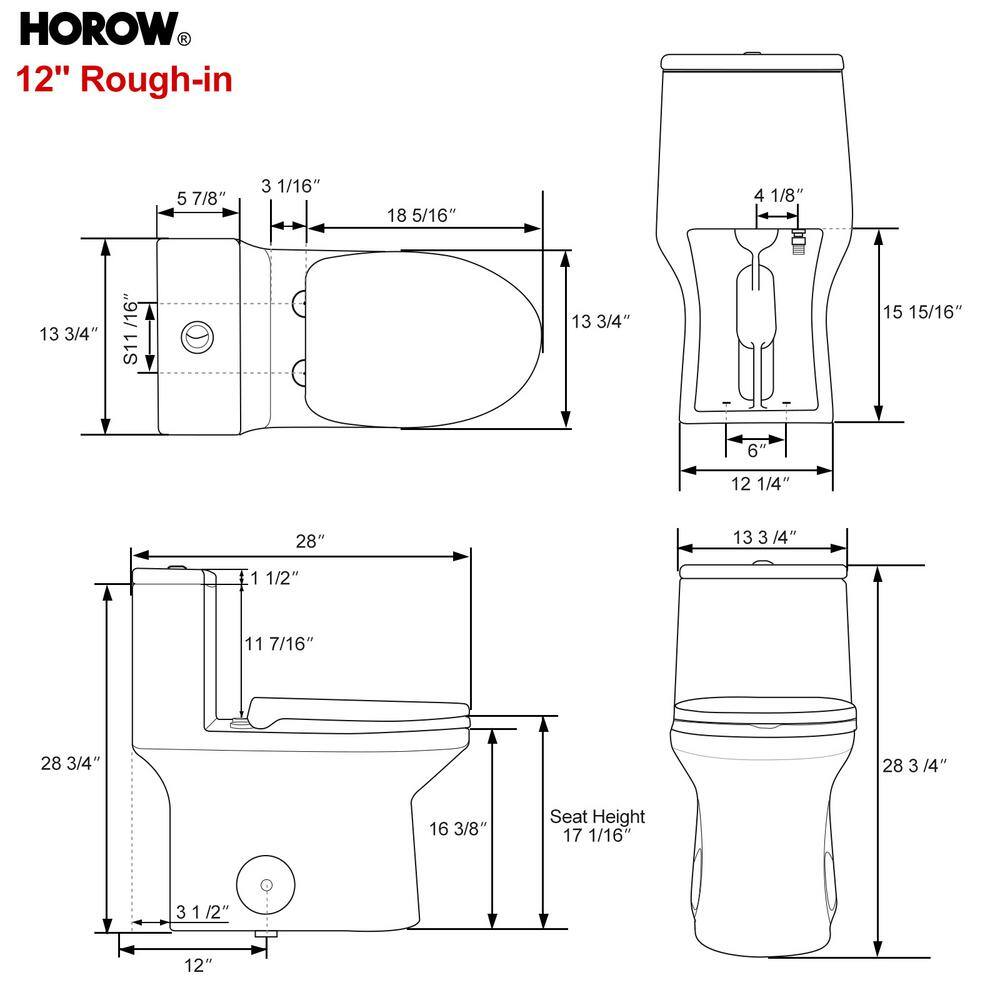 HOROW 1-piece 0.8 GPF1.28 GPF High Efficiency Dual Flush Elongated Toilet in. White Soft-Close Seat Included ADA Height HR-0138