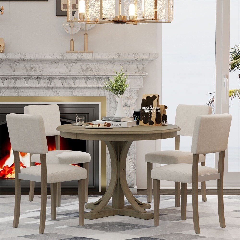 5 Piece Round Dining Table Set with Table and 4 Upholstered Chairs