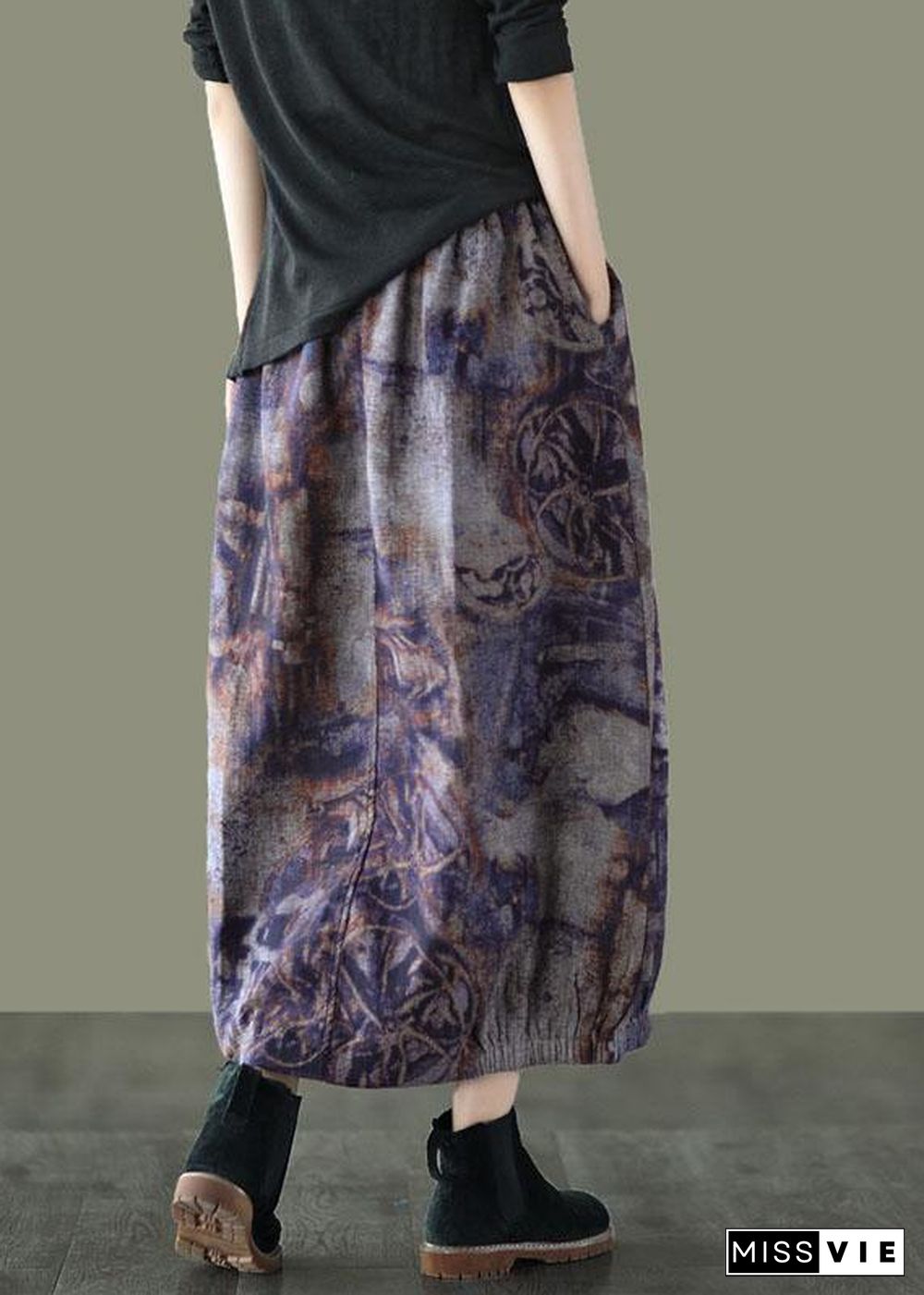 Plus Size Grey Purple Retro Print A Line Pockets Fall Skirts