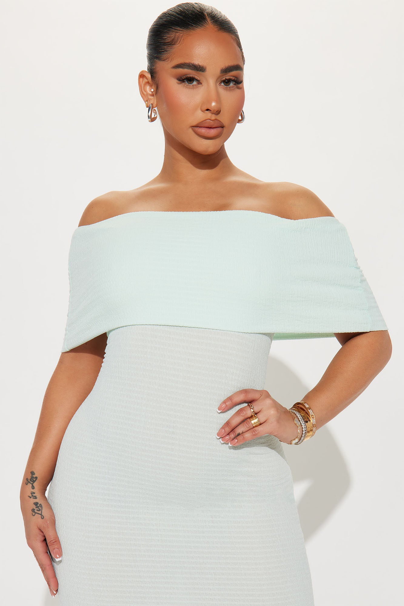 Ana Off Shoulder Midi Dress - Light Blue