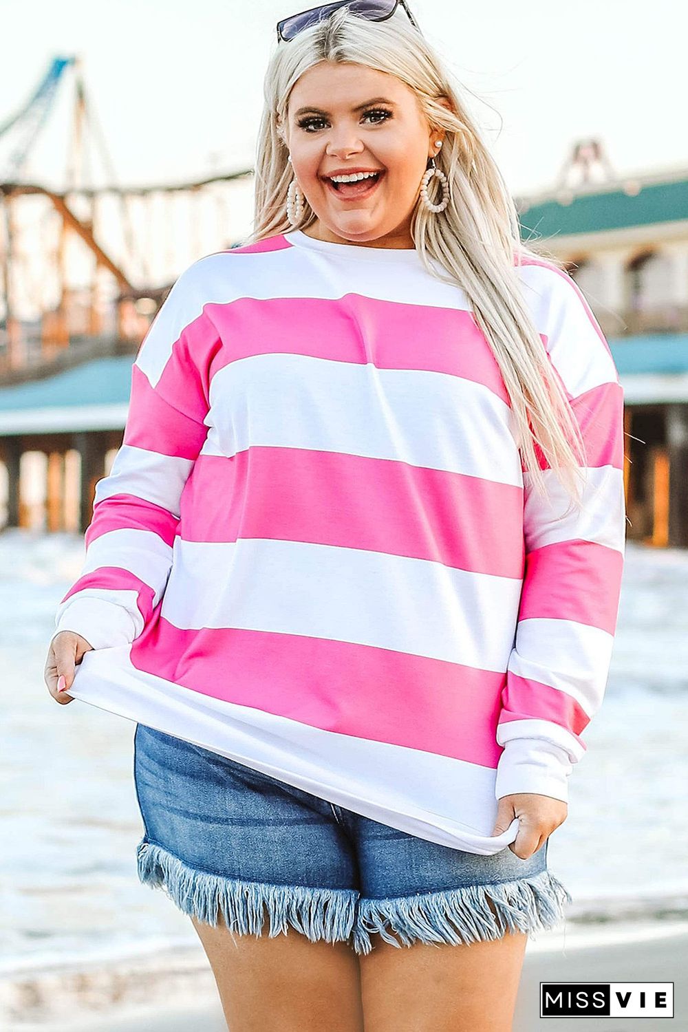 Pink Striped Side Slit Plus Size Sweatshirt