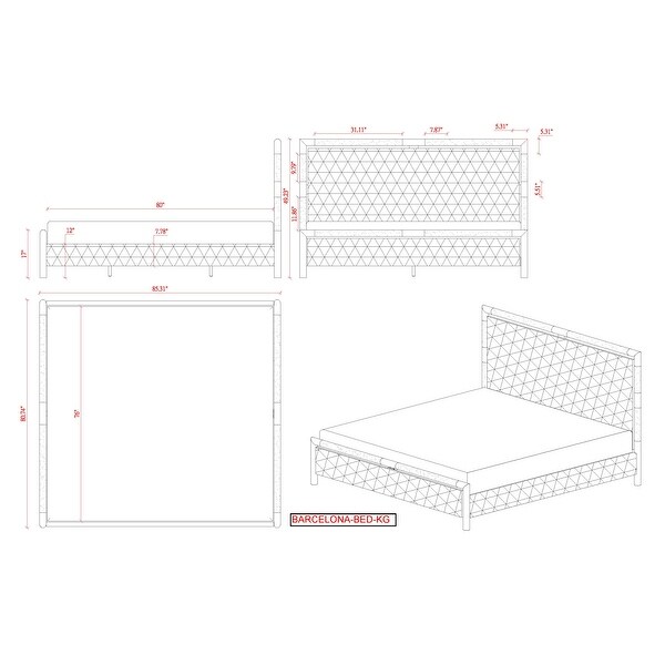 Somette Barry Upholstered Bedroom Set with Bed， Buffet and Lamp Table - - 35807053