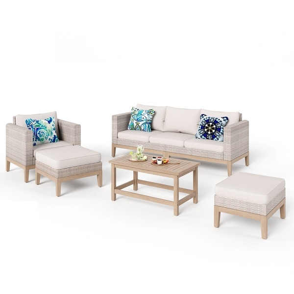 MAISON ARTS 5Piece Outdoor Rattan and Acacia Wood Sectional Sofa Set，Patio Wicker Conversation Set with Coffee Table