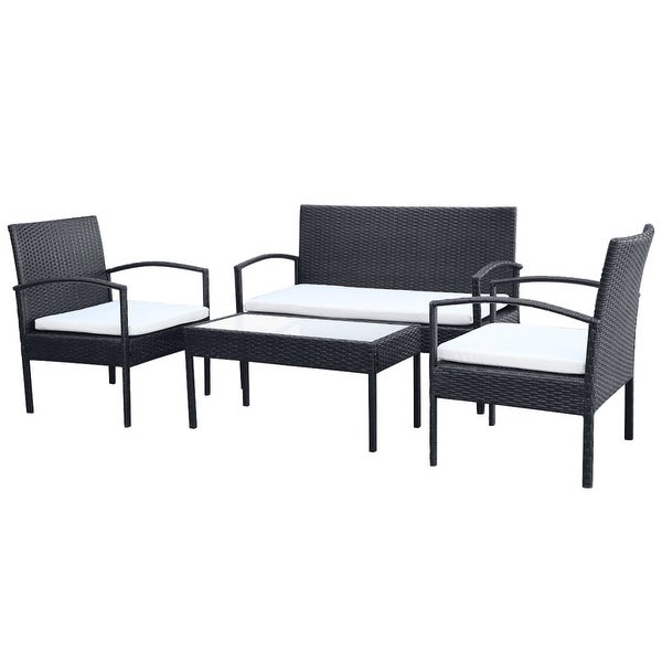 4 Piece Patio Lounge Set with Cushions Poly Rattan Black - Overstock - 36363730