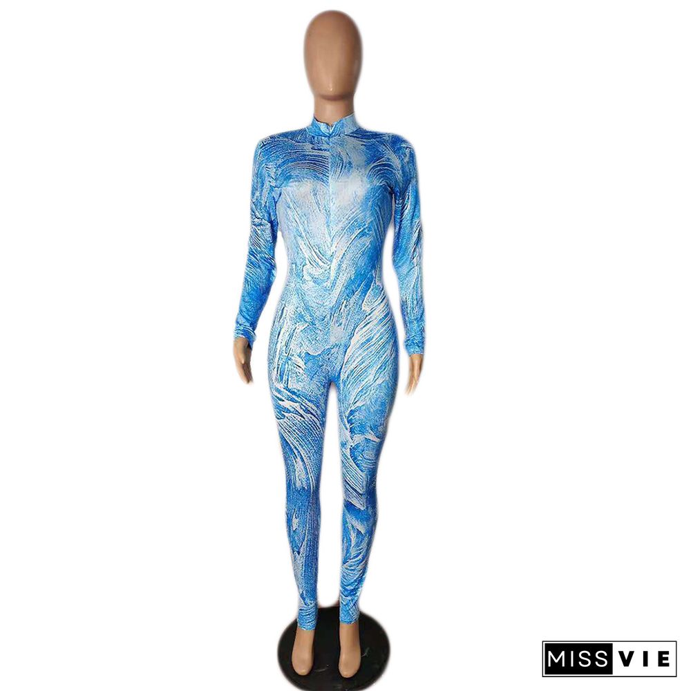 Autumn Women Elegance Tie Dye Print Long Sleeve Front Zipper One Piece Sexy Bodycon Jumpsuit