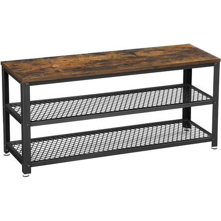 VASAGLE 3-Tier Shoe Rack Bench  39.4” Long 12 Pair of Shoes Shelves Storage Bench with Metal Mesh Shelves and Seat for Entryway Rustic Brown and Black