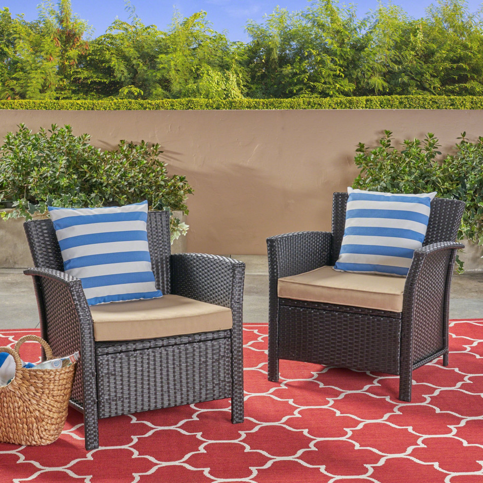 Set of 2  Patio Chair  Wicker Covered Frame With Flat Arms and Cushion   Tropical   Outdoor Lounge Chairs   by Declusia  Houzz