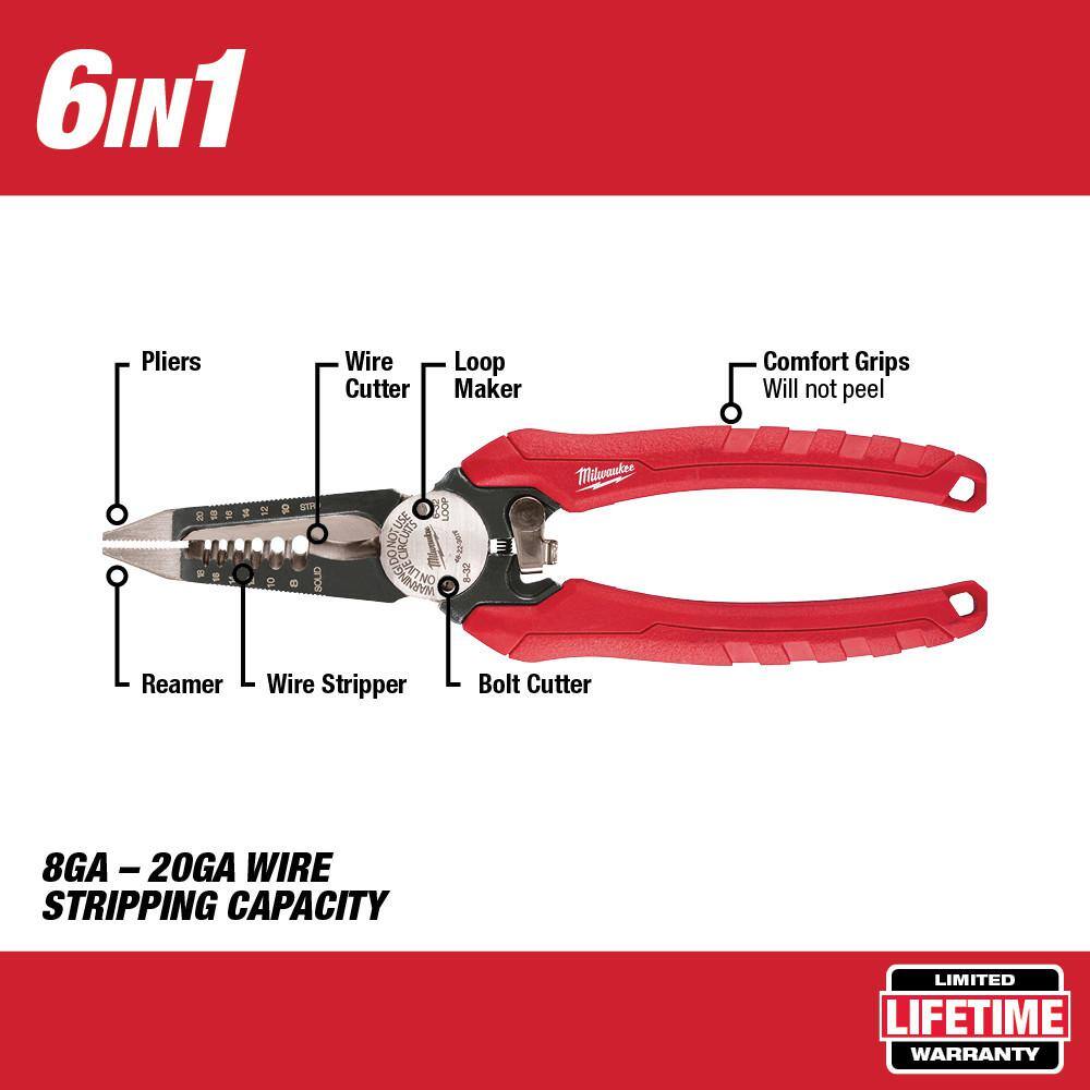 MW Comfort Grip 6-in-1 Pliers with 8 in. Comfort Grip Long Nose Pliers 48-22-3079-48-22-6101