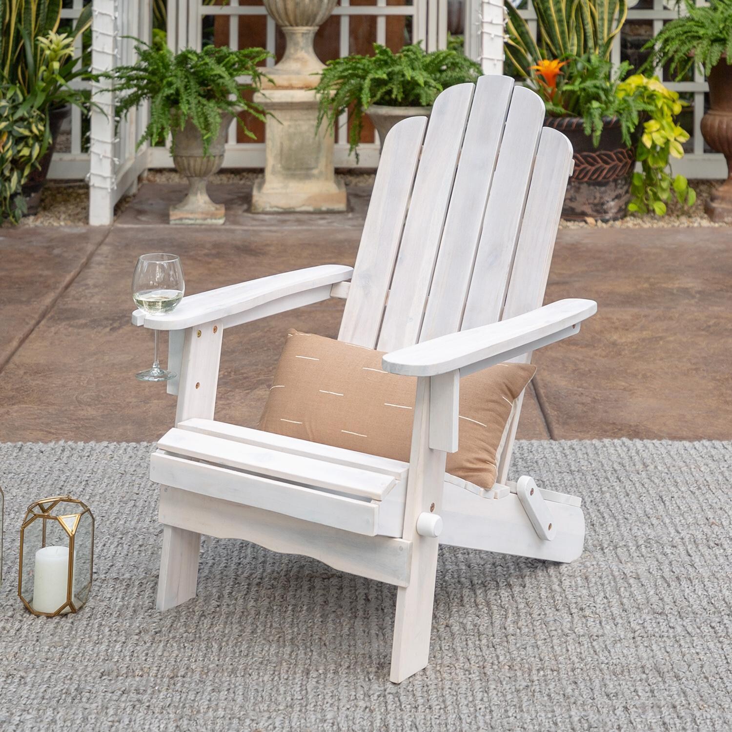 Ultimate Patio Folding Acacia Patio Adirondack Chair W/ Wine Glass Holder