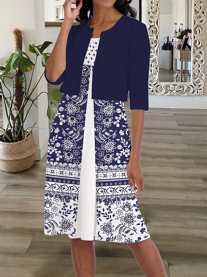 Two-Piece Women's A Line Dress Set Print Crew Neck Casual
