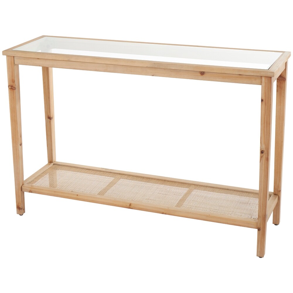 Brown Wood Slim Natural 1 Shelf Console Table with Glass Top and Rattan Shelf