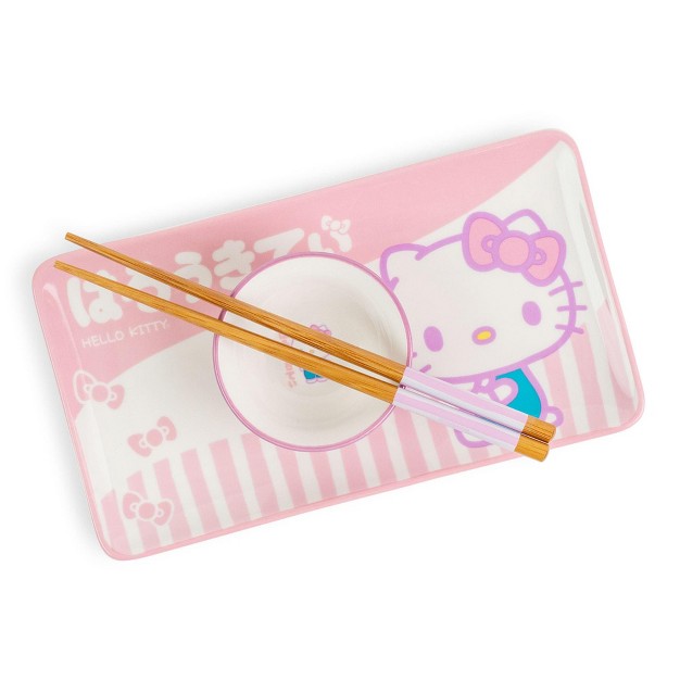 Silver Buffalo Sanrio Hello Kitty Pink 3 piece Ceramic Sushi Set With Sauce Bowl And Chopsticks