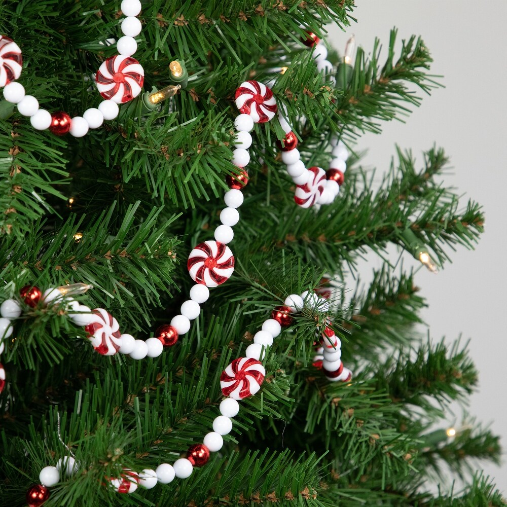 9' Red and White Peppermint Candy Beaded Christmas Garland Unlit