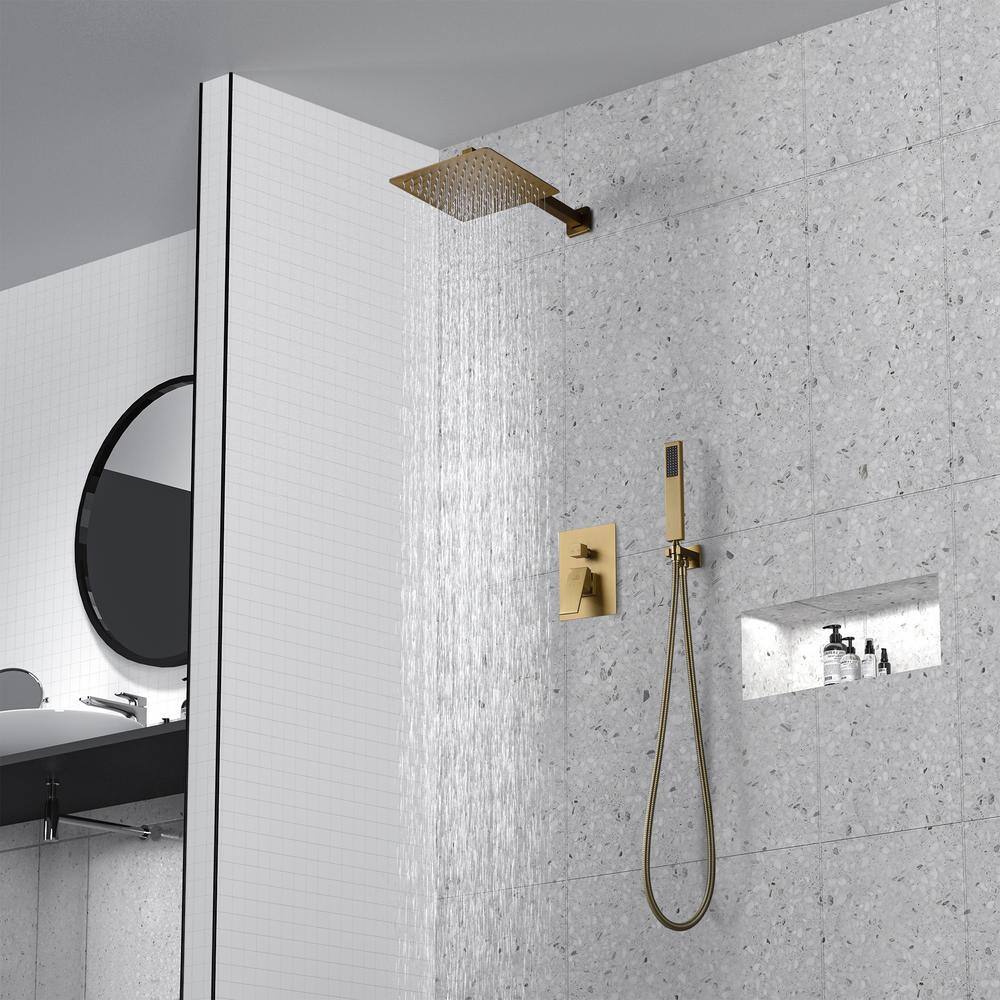 CASAINC 1-Spray Patterns with 10 in. Wall Mount Dual Shower Heads with Hand Shower Faucet in Brushed Gold (Valve Included) M6066-A-10-BG