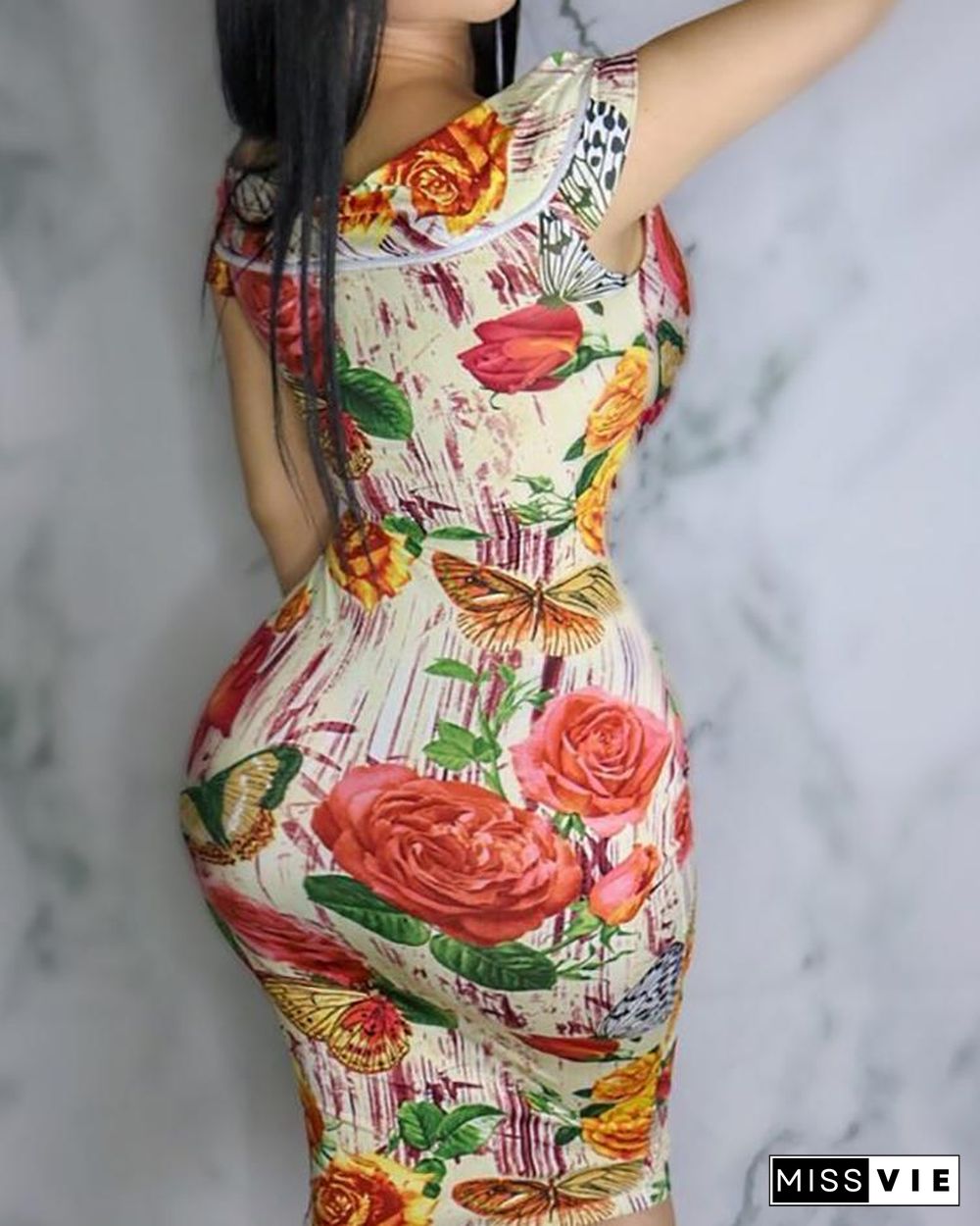 Vintage Floral Twisted Fold-over Bodycon Midi Dress P16183