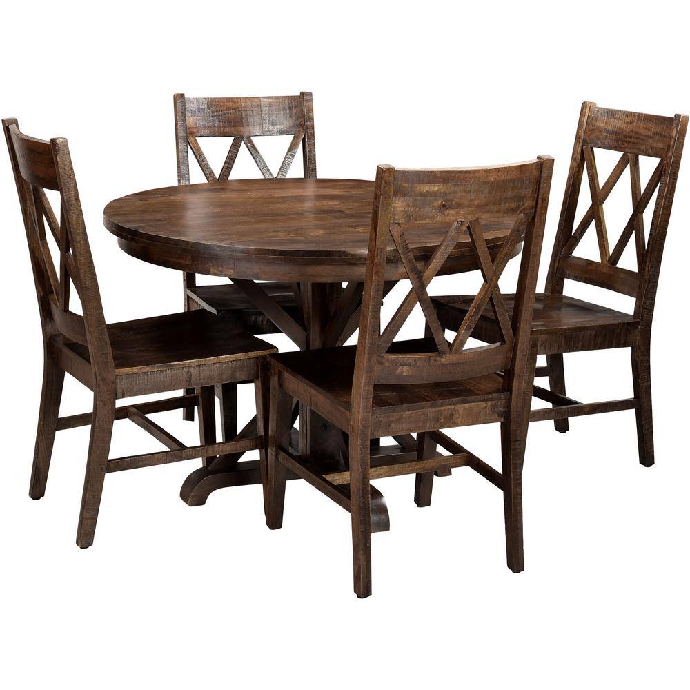 Hanover Annecy 5-Piece Natural Mango Wood Dining Set: 45 in. Round Table with Trestle Base and 4-Chairs HDR005-5PC-WB