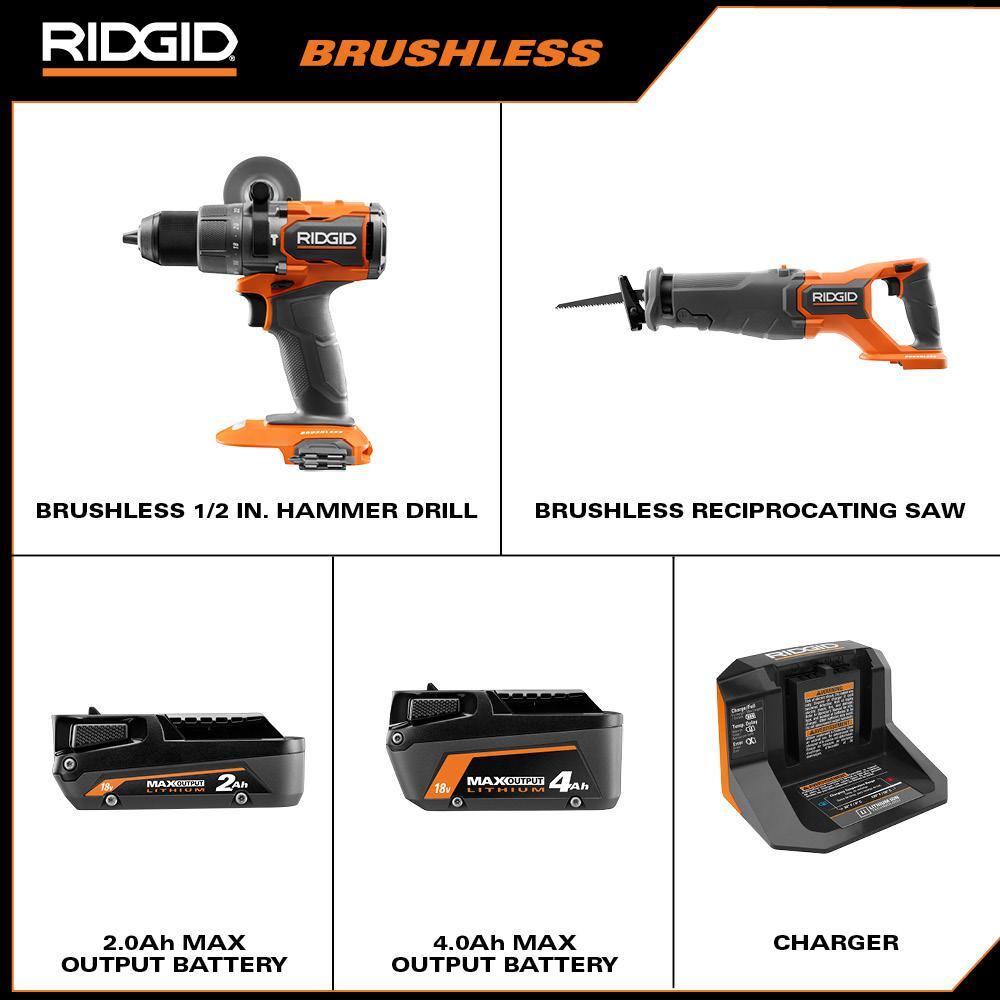 RIDGID 18V Brushless Cordless 12 in. Hammer Drill and Recip Saw Kit with (1) 4.0Ah Battery (1) 2.0Ah Battery Charger R960261SBN