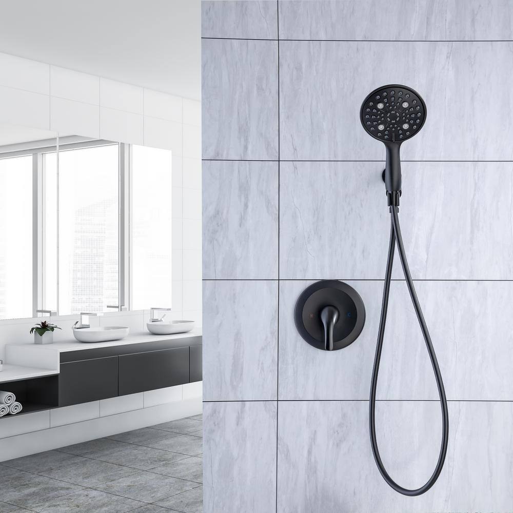 Mondawe Mondawell 6-Spray Patterns 6 in. Wall Mount Handheld Shower Head with Trim and Valve in Matte Black MA-D92101H-6