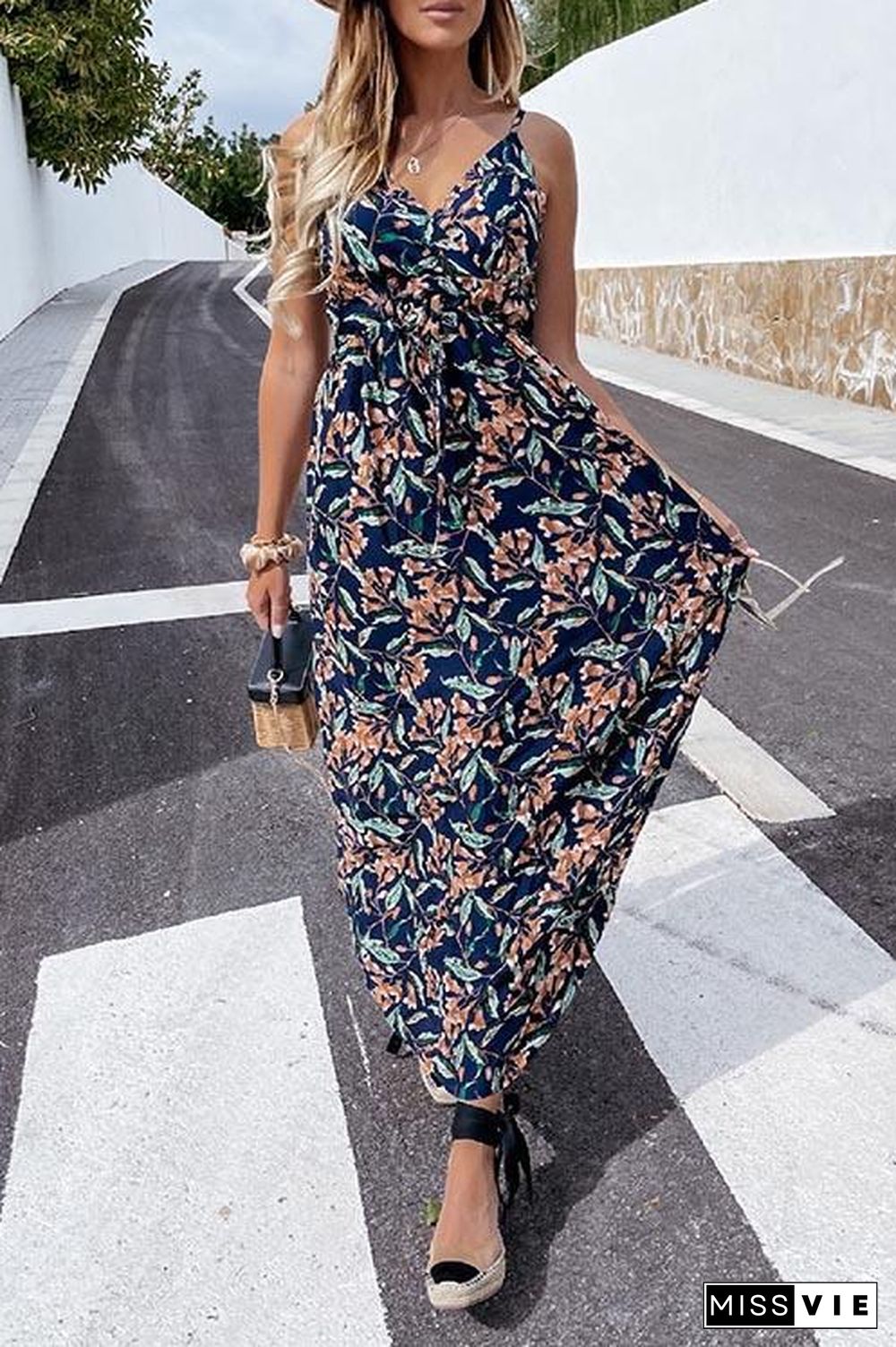 Summer Leaf Print Suspender Maxi Dress