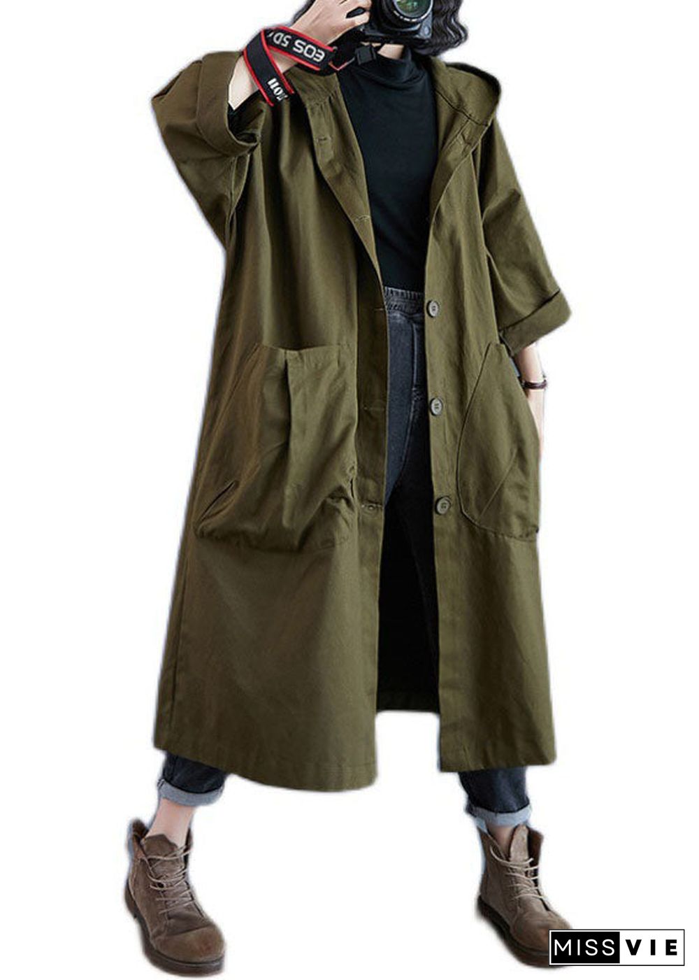 Elegant Army Green Pockets Button Fall Hooded Long sleeve Trench Coats