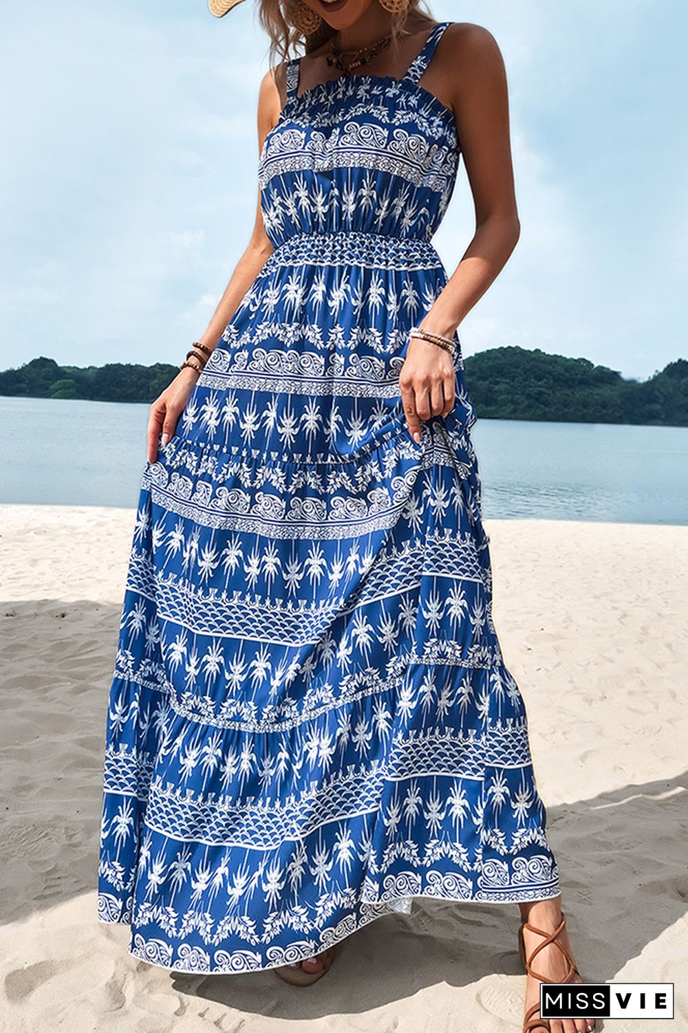 Blue Floral Print Maxi Dress Wholesale