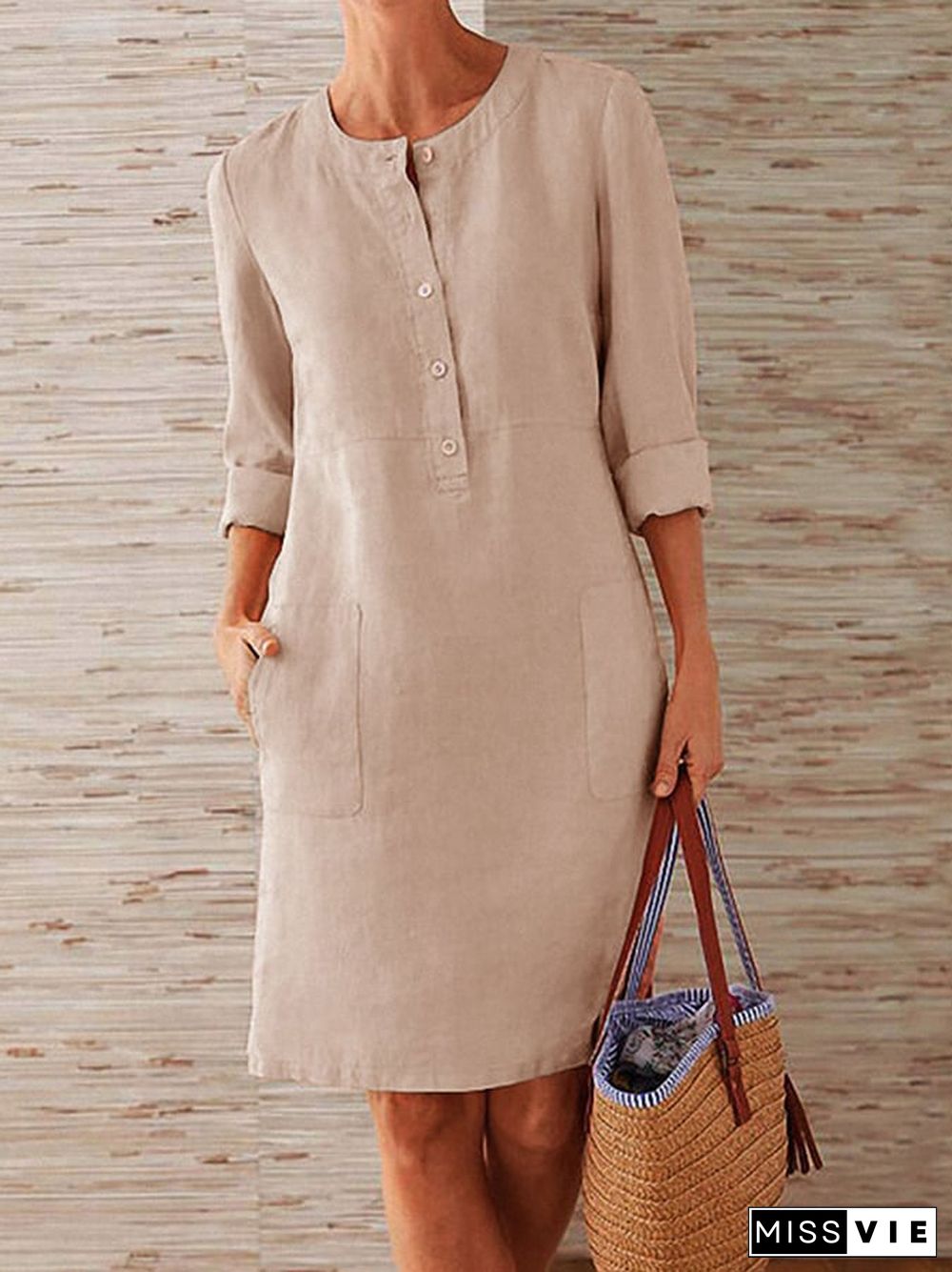 Ladies Cotton Linen Round Neck Long Sleeve Dress