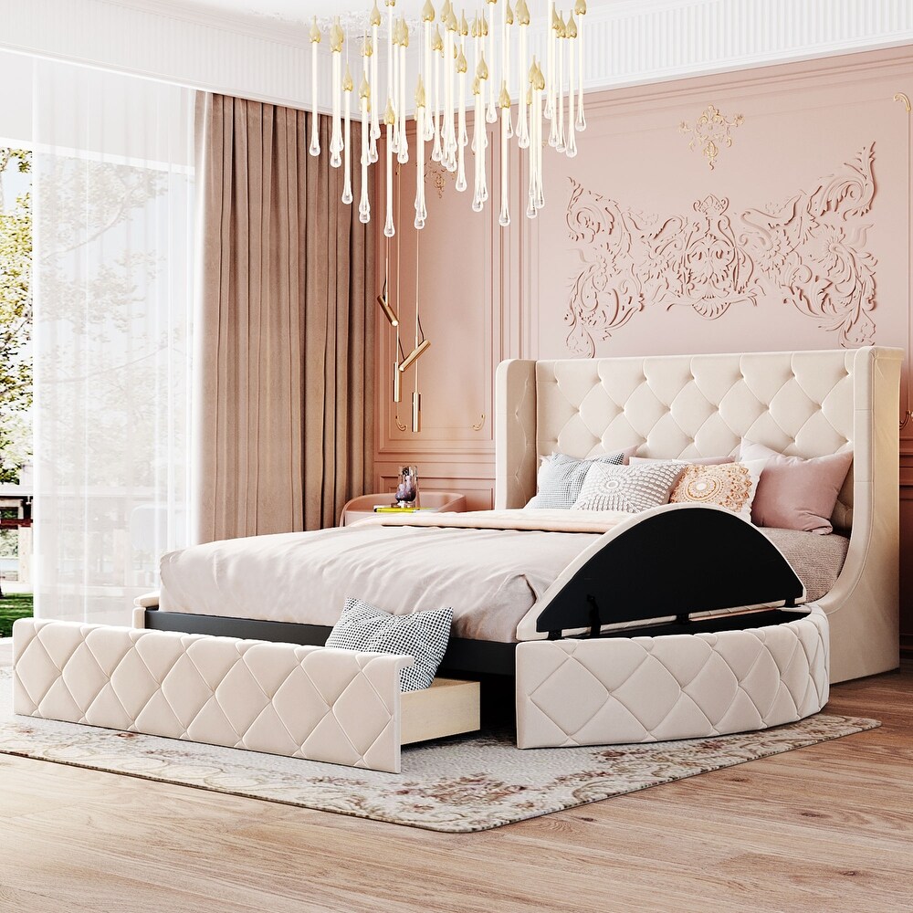 Upholstered Platform Bed Queen Size Storage Velvet Bed