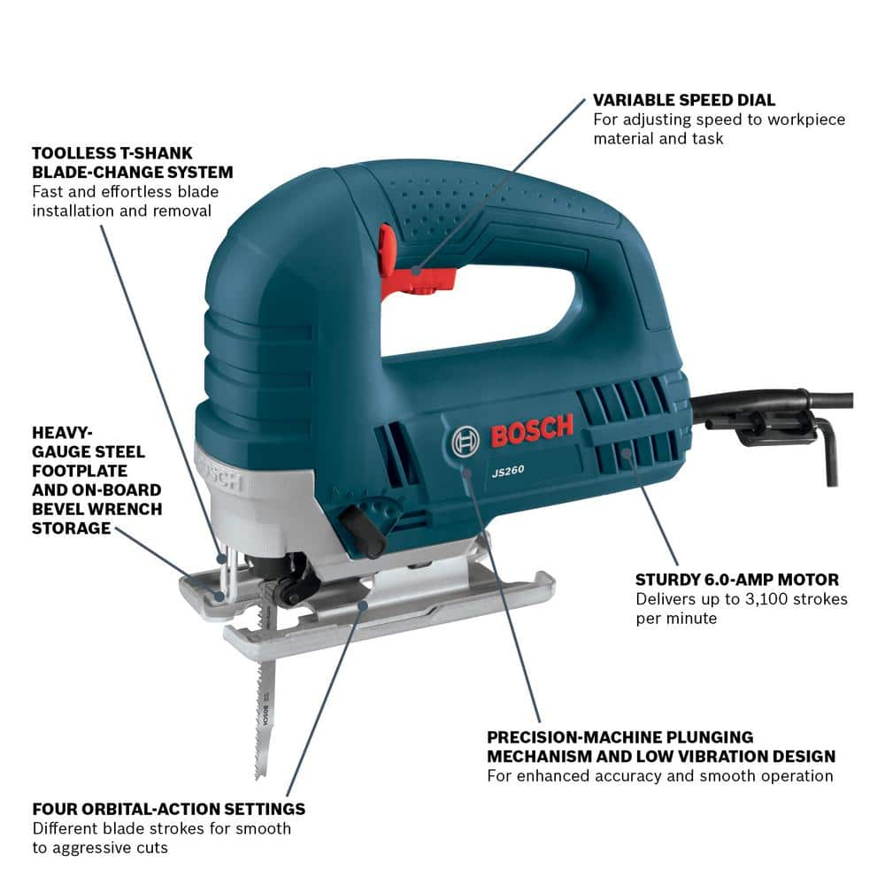 Bosch 6 Amp Corded Variable Speed Top-Handle Jig Saw Kit with Assorted Blades and Carrying Case JS260