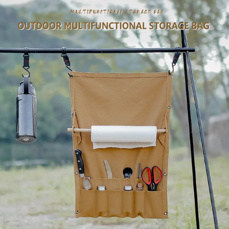 Camping Tableware Storage Bag Multi Pockets Canvas Storage Rack Portable Towel Pouch BBQ Picnic Cutlery Hanging Holder Organizer